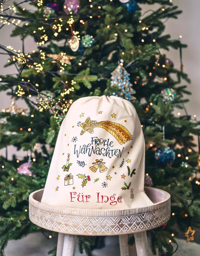 Geschenkbeutel mit Zugband "Frohe Weihnachten" mit Wunschname