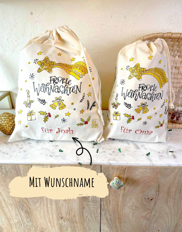 Geschenkbeutel mit Zugband "Frohe Weihnachten" mit Wunschname