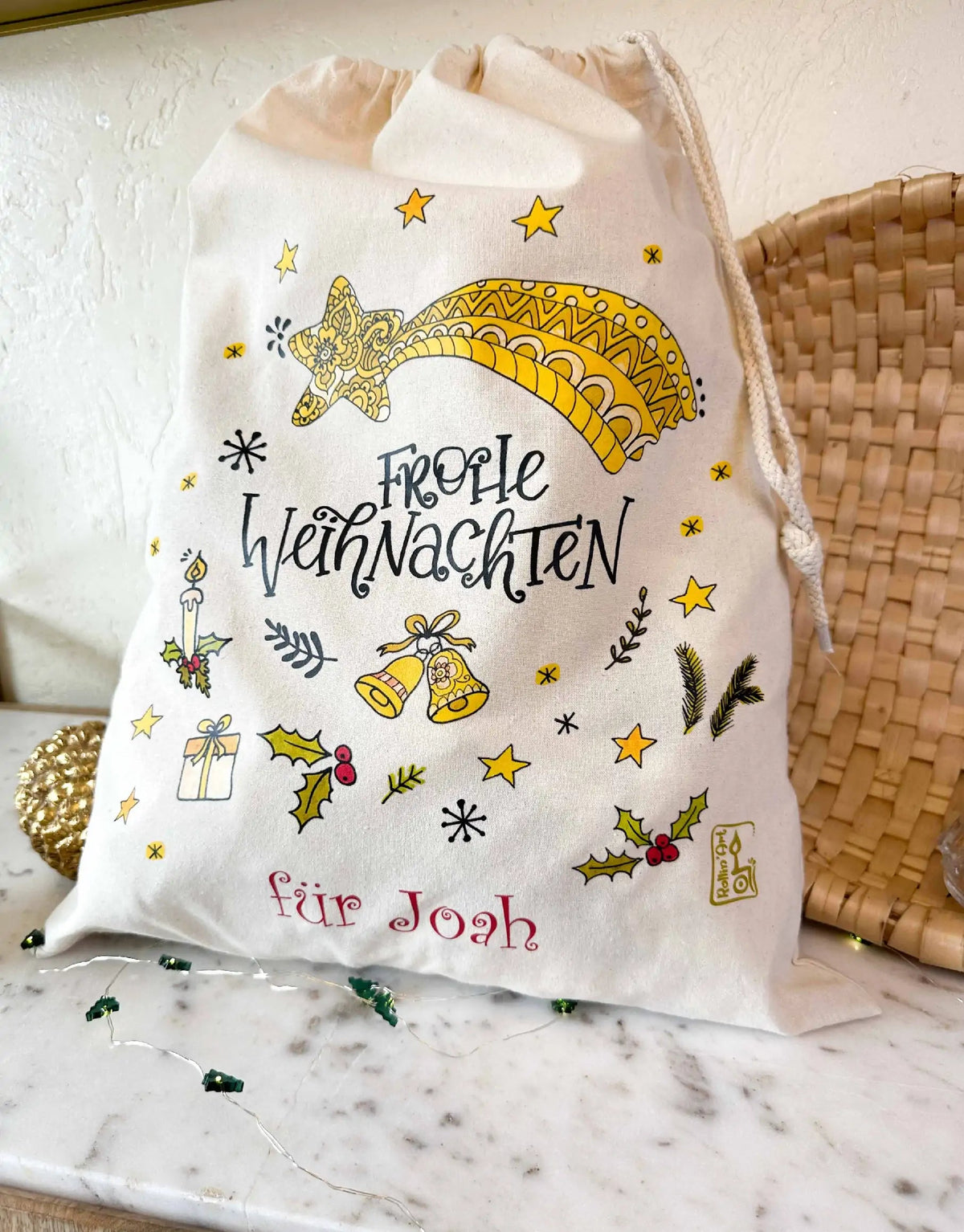 Geschenkbeutel mit Zugband "Frohe Weihnachten" mit Wunschname