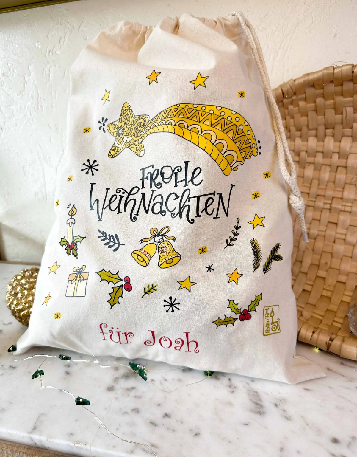 Geschenkbeutel mit Zugband "Frohe Weihnachten" mit Wunschname