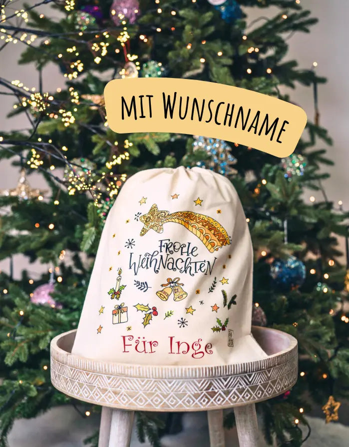 Geschenkbeutel mit Zugband "Frohe Weihnachten" mit Wunschname