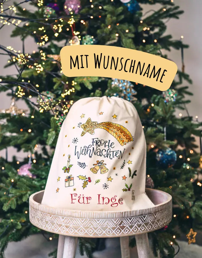 Geschenkbeutel mit Zugband "Frohe Weihnachten" mit Wunschname