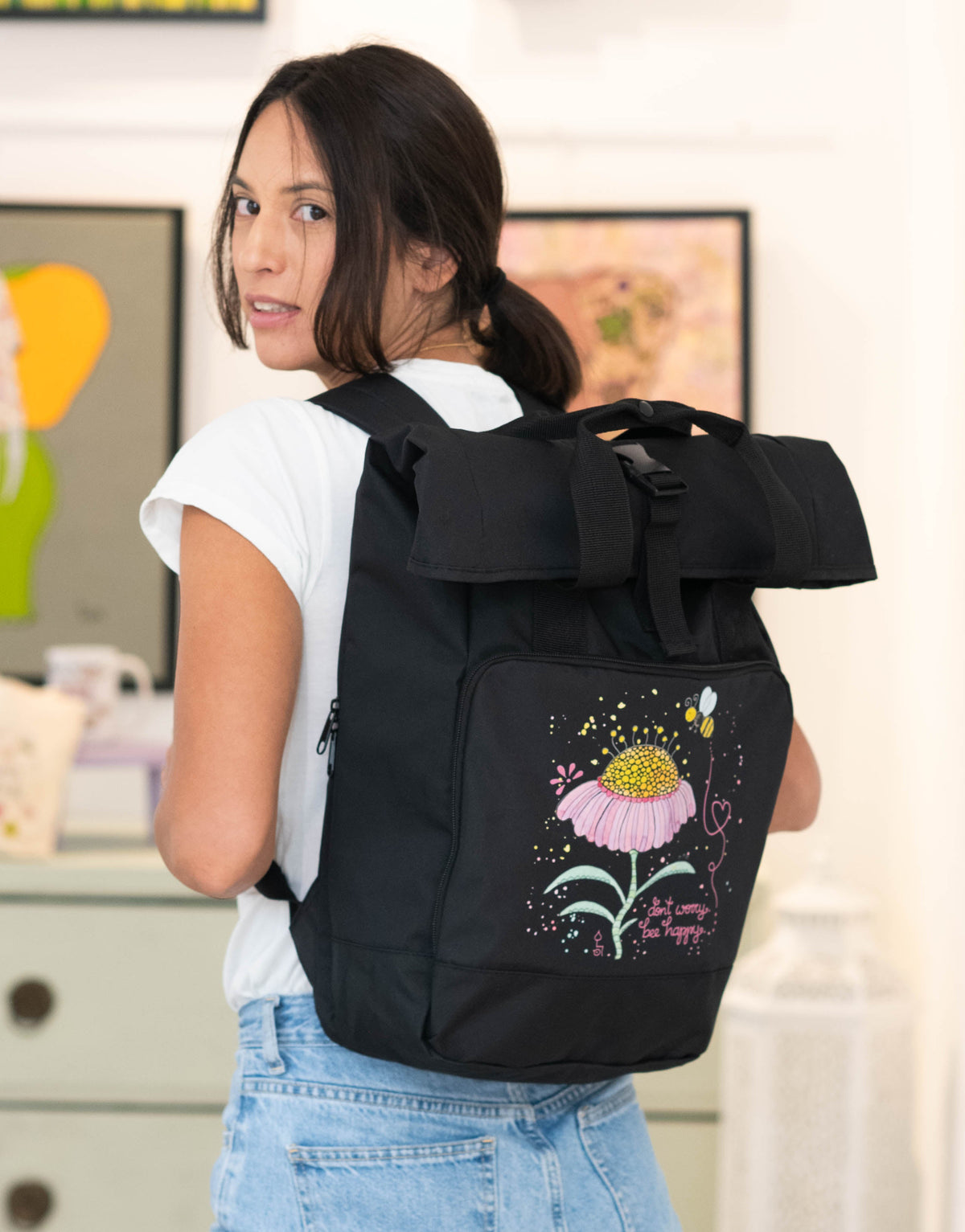 Rucksack groß Black „Bee happy”