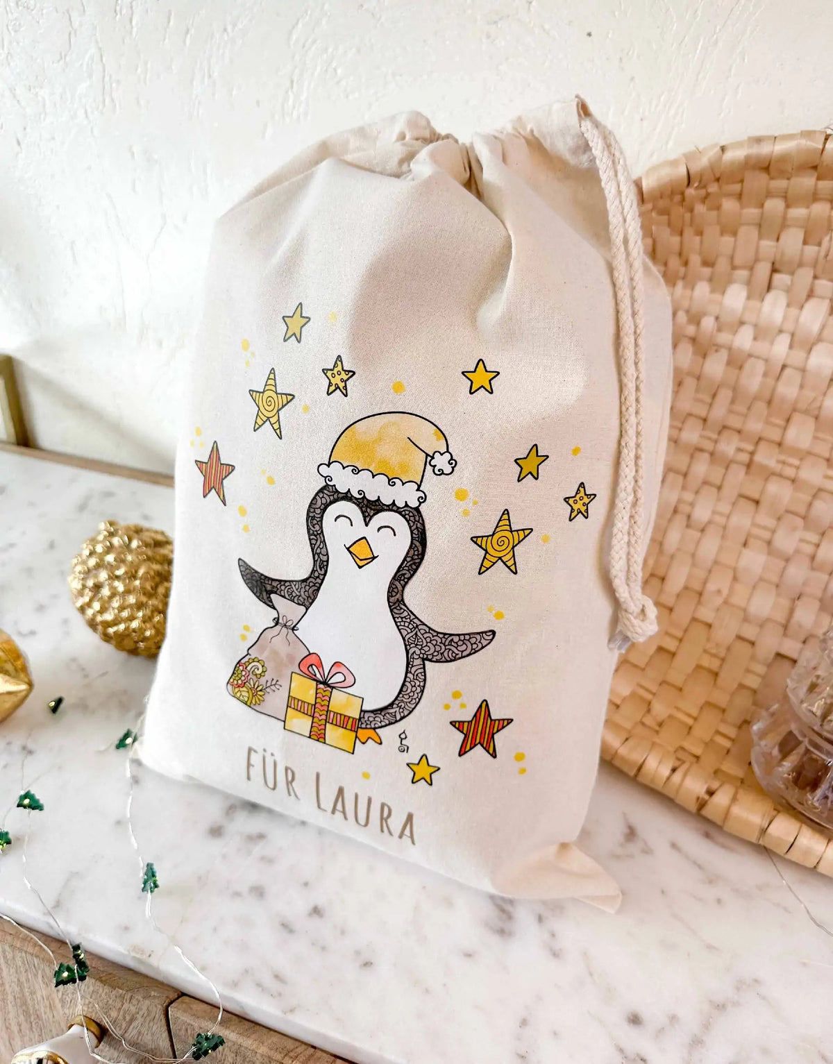 Geschenkbeutel mit Zugband "Pinguin" mit Wunschname