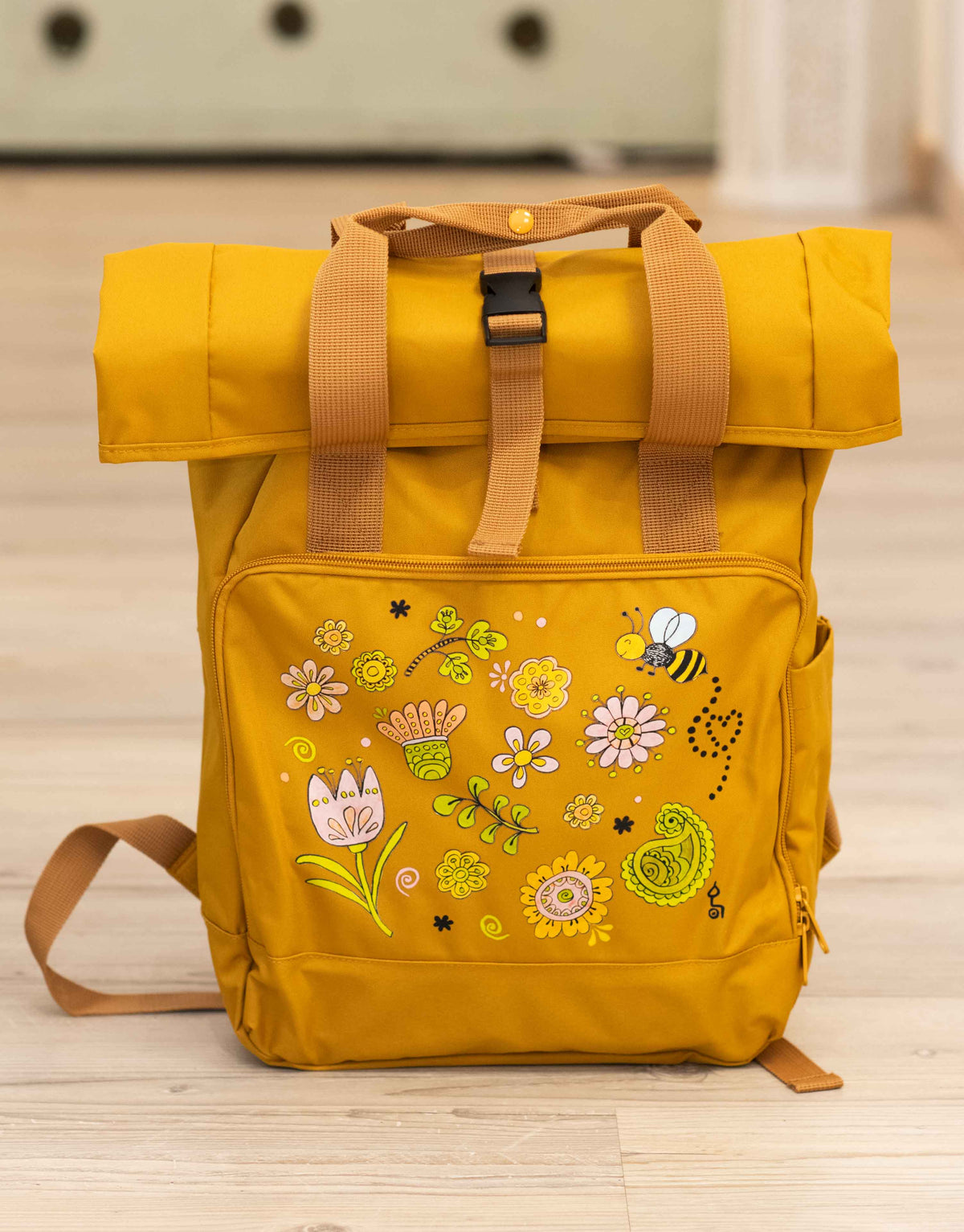 Rucksack groß Mustard „Happy Flowers”